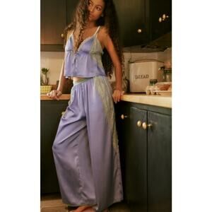 Free People M Anywhere With You Pajama Set Pants & Tank Top Satin Lace Viola NEW